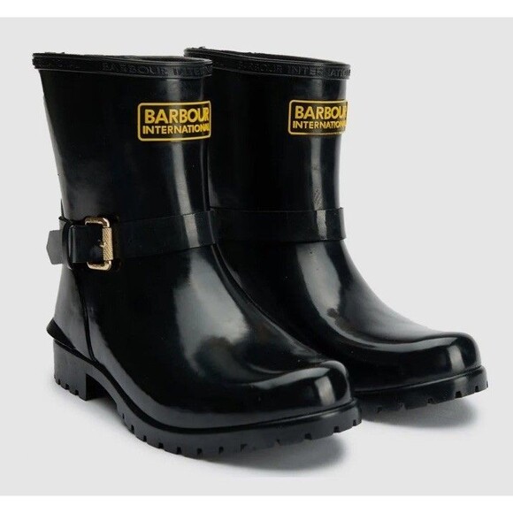 NEW Barbour International Women Black High Gloss Ankle Wellies Rain Boots 9M - Picture 1 of 8